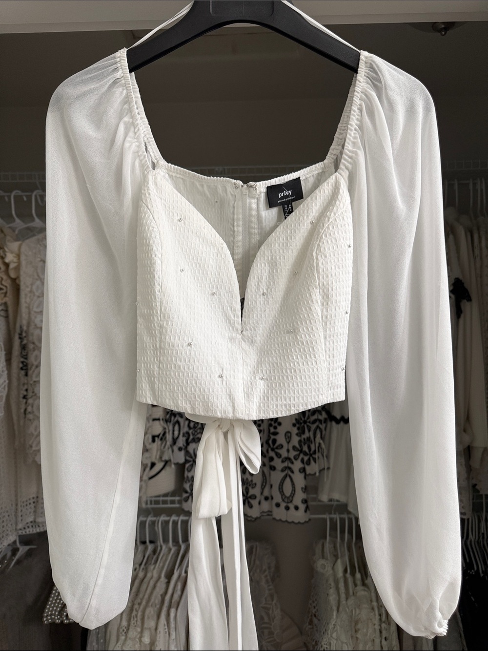 PRIVY White Mesh Balloon Sleeve Tie-Back Textured Crop Top MEDIUM (runs small)